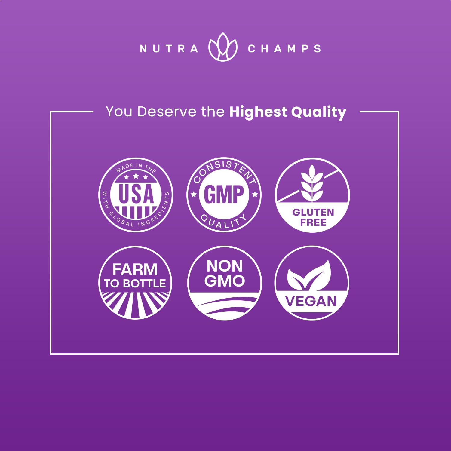 NutraChamps logo and quality badges for liver detox supplement UAE showing USA made GMP gluten free non GMO vegan farm to bottle