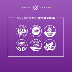 NutraChamps logo and quality badges for liver detox supplement UAE showing USA made GMP gluten free non GMO vegan farm to bottle