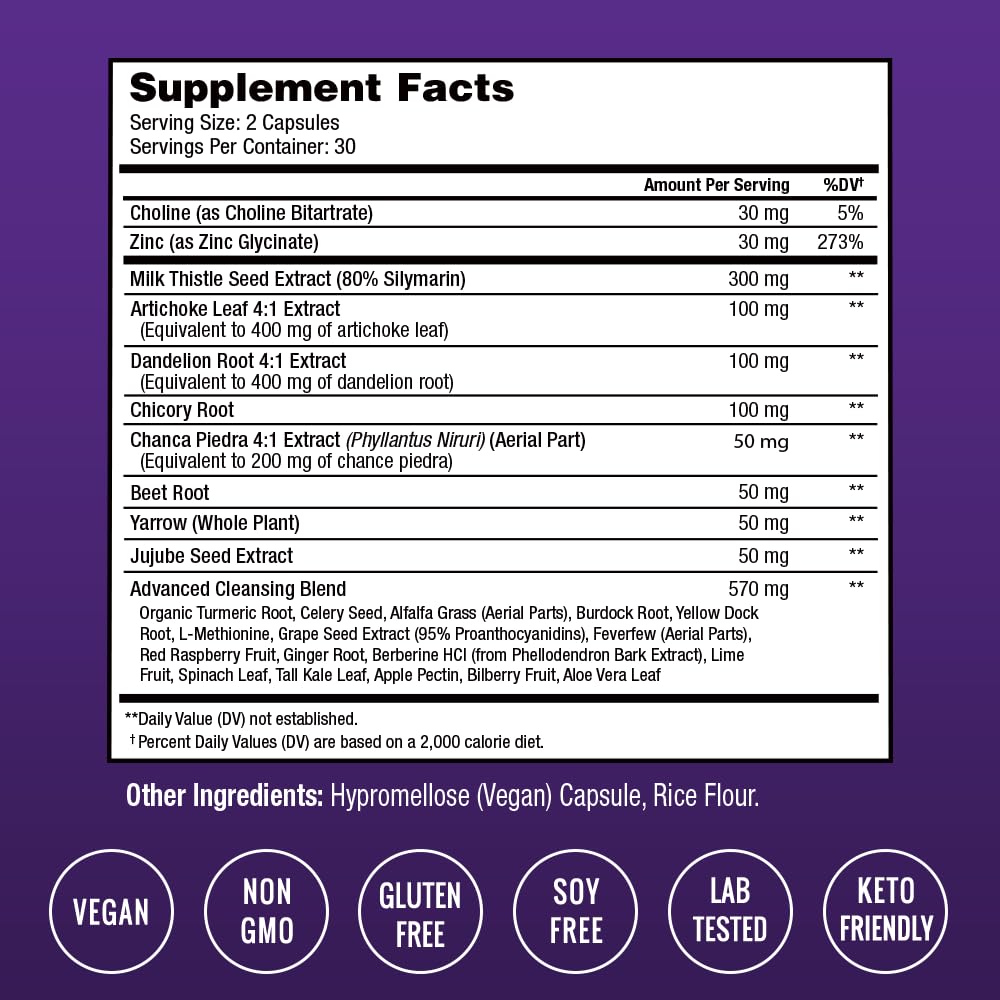 NutraChamps supplement facts label and ingredient list for liver detox supplement UAE with vegan non GMO icons