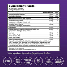Supplement facts label with vegan, gluten free, lab tested, and ingredient amounts