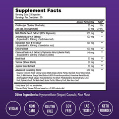 NutraChamps supplement facts label and ingredient list for liver detox supplement UAE with vegan non GMO icons