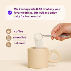 Micro Ingredients multi collagen peptides powder scoop poured into a beige mug showing use in coffee smoothie and oatmeal