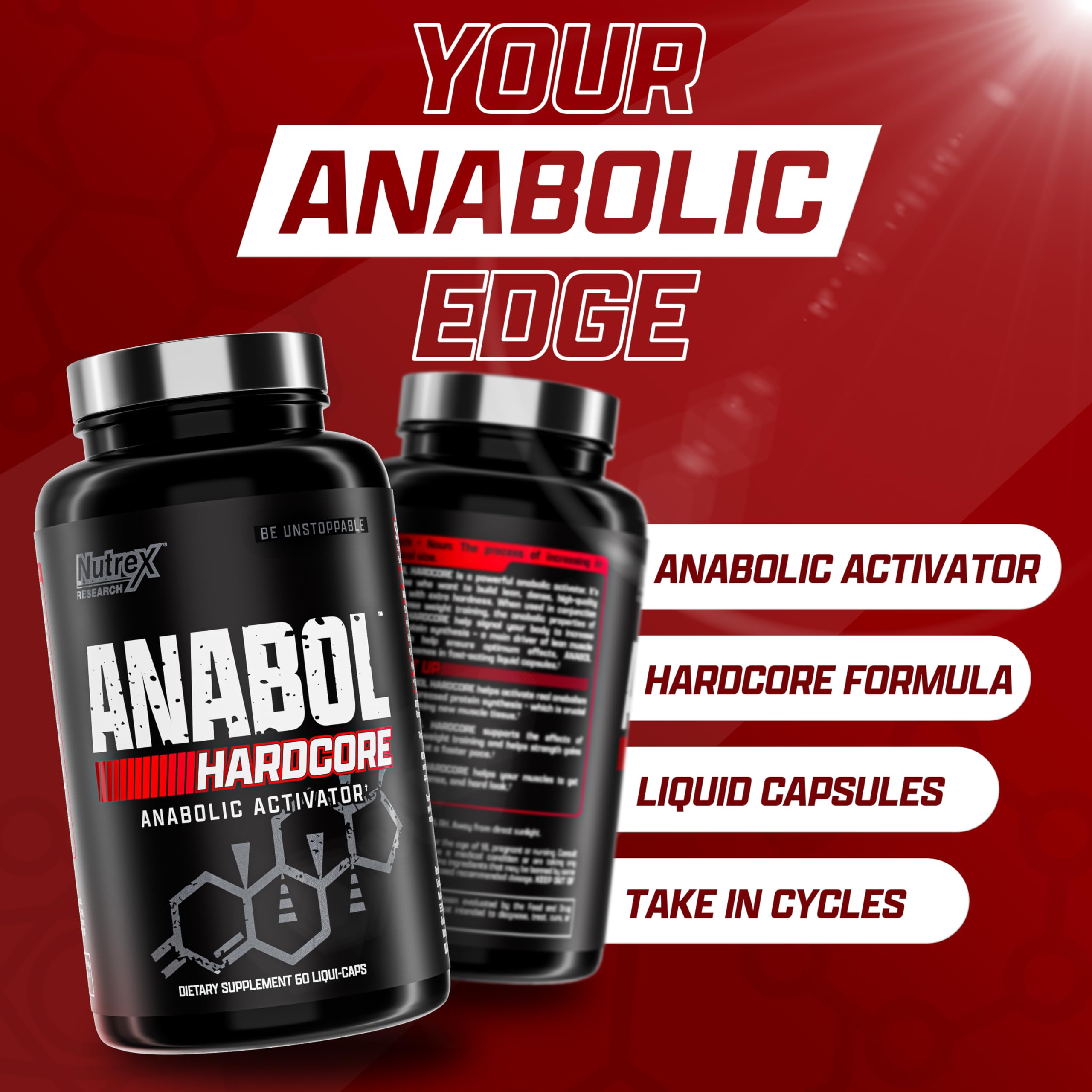 Nutrex Research Anabol Hardcore bottles on red background highlighting anabolic activator supplement UAE label and features