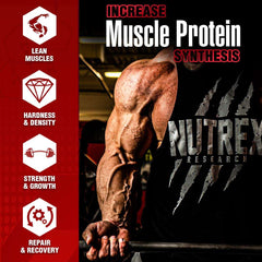 Nutrex Research muscular man lifting barbell promoting anabolic activator supplement UAE for muscle protein synthesis