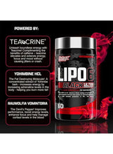 Nutrex Lipo 6 Black supplement bottle with ingredient callouts, metallic cap