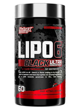 Nutrex Lipo 6 Black supplement bottle with metallic cap, 60 fast-acting capsules