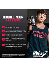 Nutrex Lipo 6 Black Ultra display with bottle and fat-loss checklist, red and black