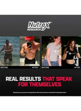 Nutrex Lipo 6 Black Ultra promotional panel with bottle, red accents and photo comparisons