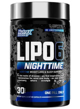 Nutrex Lipo-6 Nighttime supplement bottle, 30 capsules label