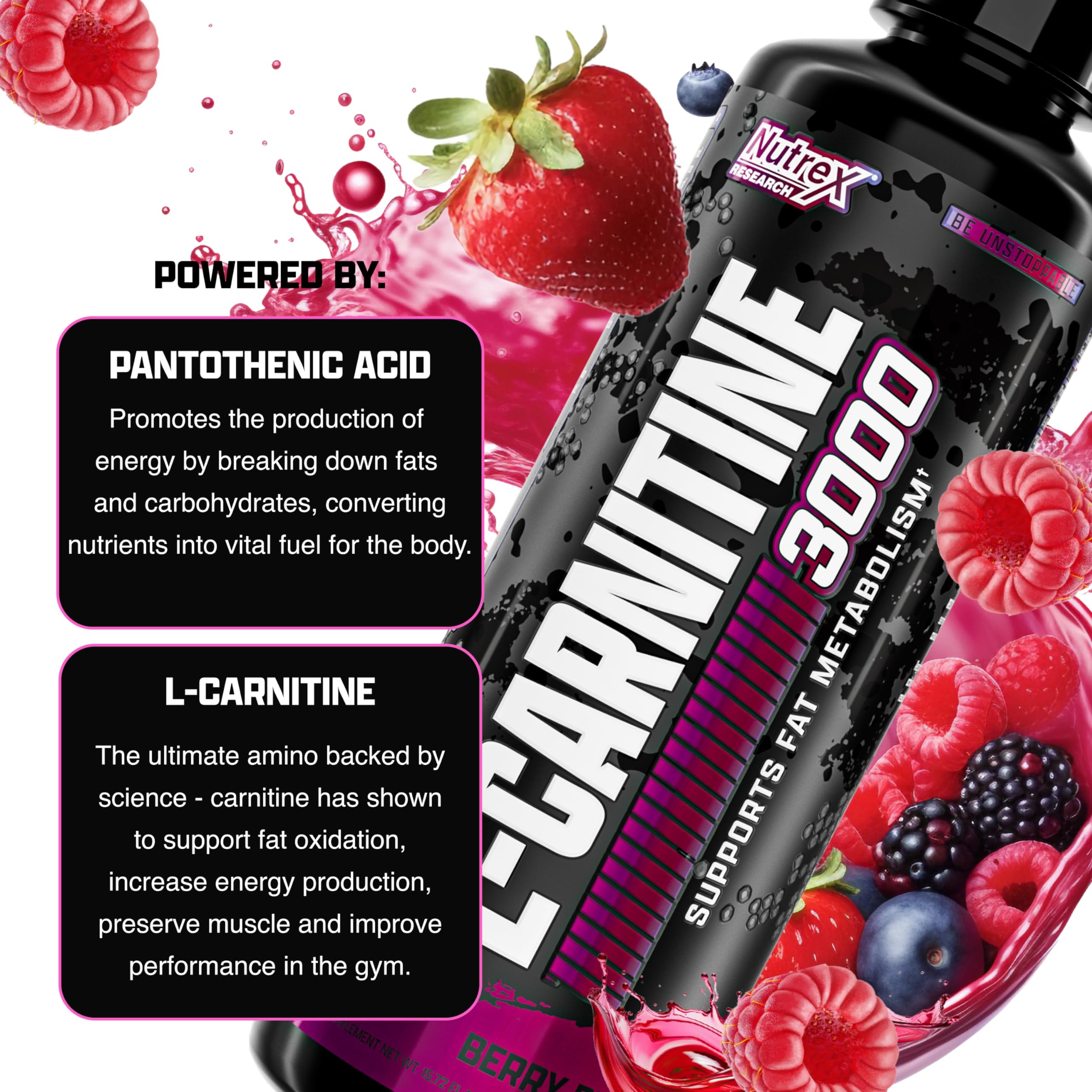 Nutrex Research L Carnitine 3000 bottle with berry splash showing label supports fat metabolism liquid carnitine supplement UAE