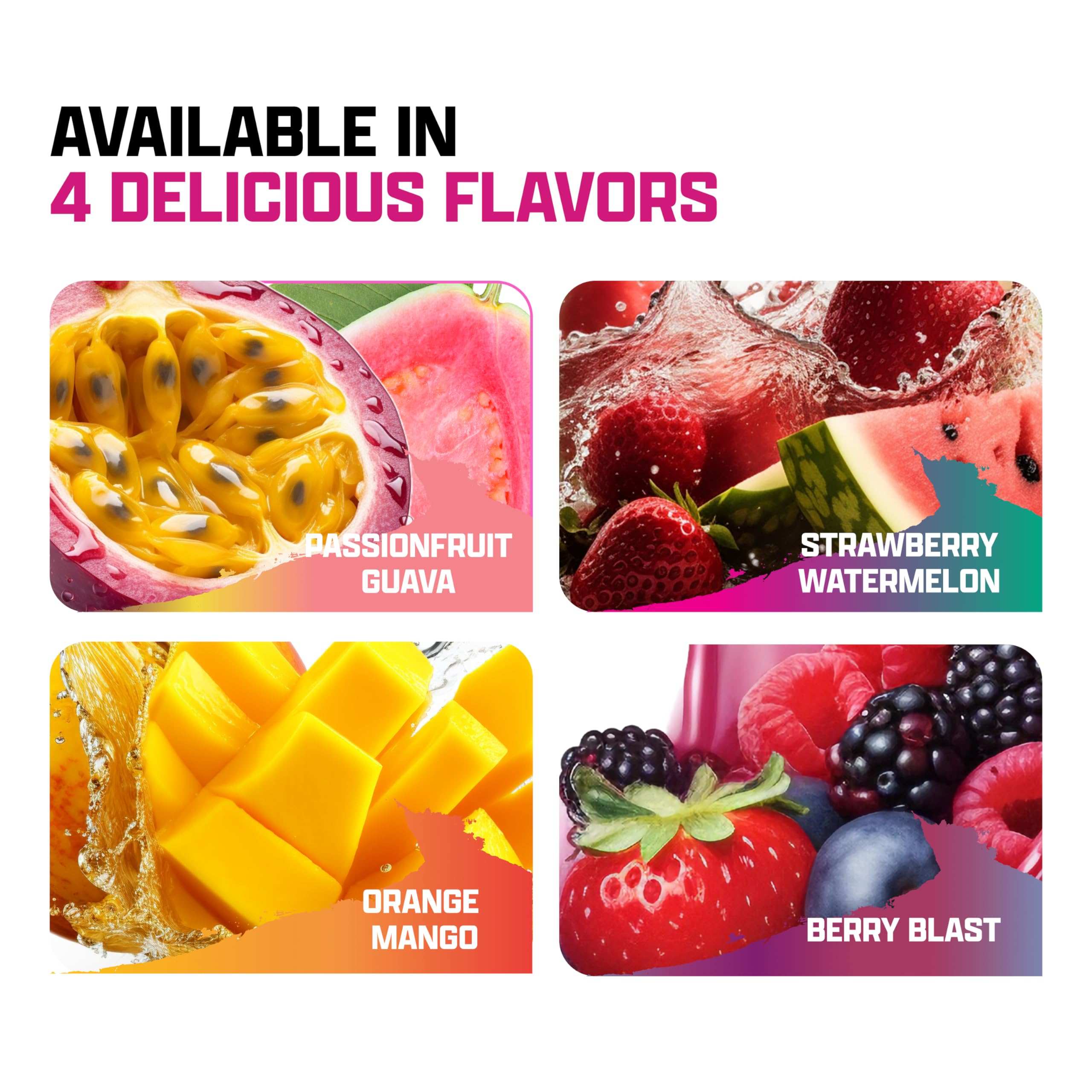 liquid carnitine supplement UAE flavor collage showing Passionfruit Guava Strawberry Watermelon Orange Mango