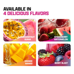 liquid carnitine supplement UAE flavor collage showing Passionfruit Guava Strawberry Watermelon Orange Mango