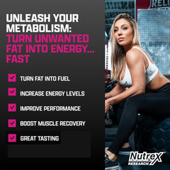 Nutrex Research liquid carnitine supplement UAE ad featuring fit woman in gym and benefit checklist