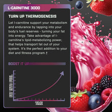Liquid carnitine label panel with thermogenesis chart and Berry Blast fruit graphics