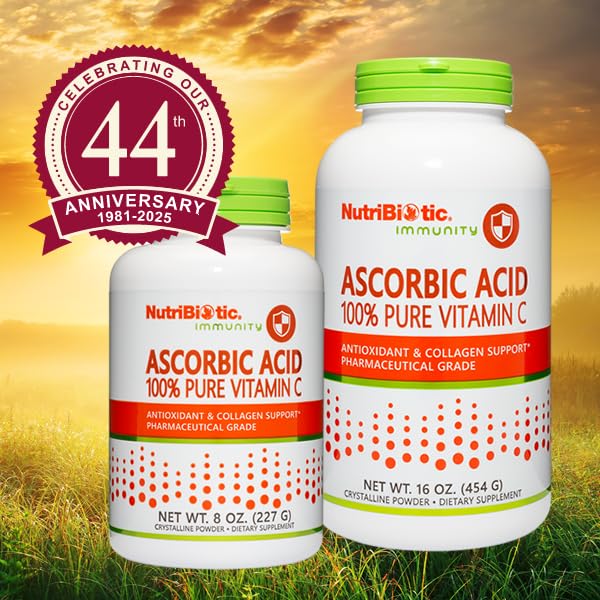 NutriBiotic Ascorbic Acid Vitamin C Powder in two sizes for antioxidant and collagen support