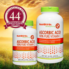 NutriBiotic Ascorbic Acid Vitamin C Powder in two sizes for antioxidant and collagen support