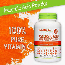 NutriBiotic Ascorbic Acid Vitamin C powder bottle with green cap, “100% PURE VITAMIN C” label.
