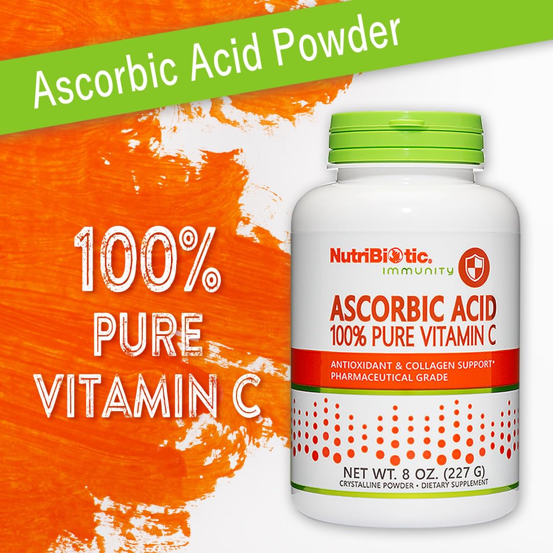NutriBiotic Ascorbic Acid Vitamin C Powder in 8 oz container, pure and pharmaceutical grade