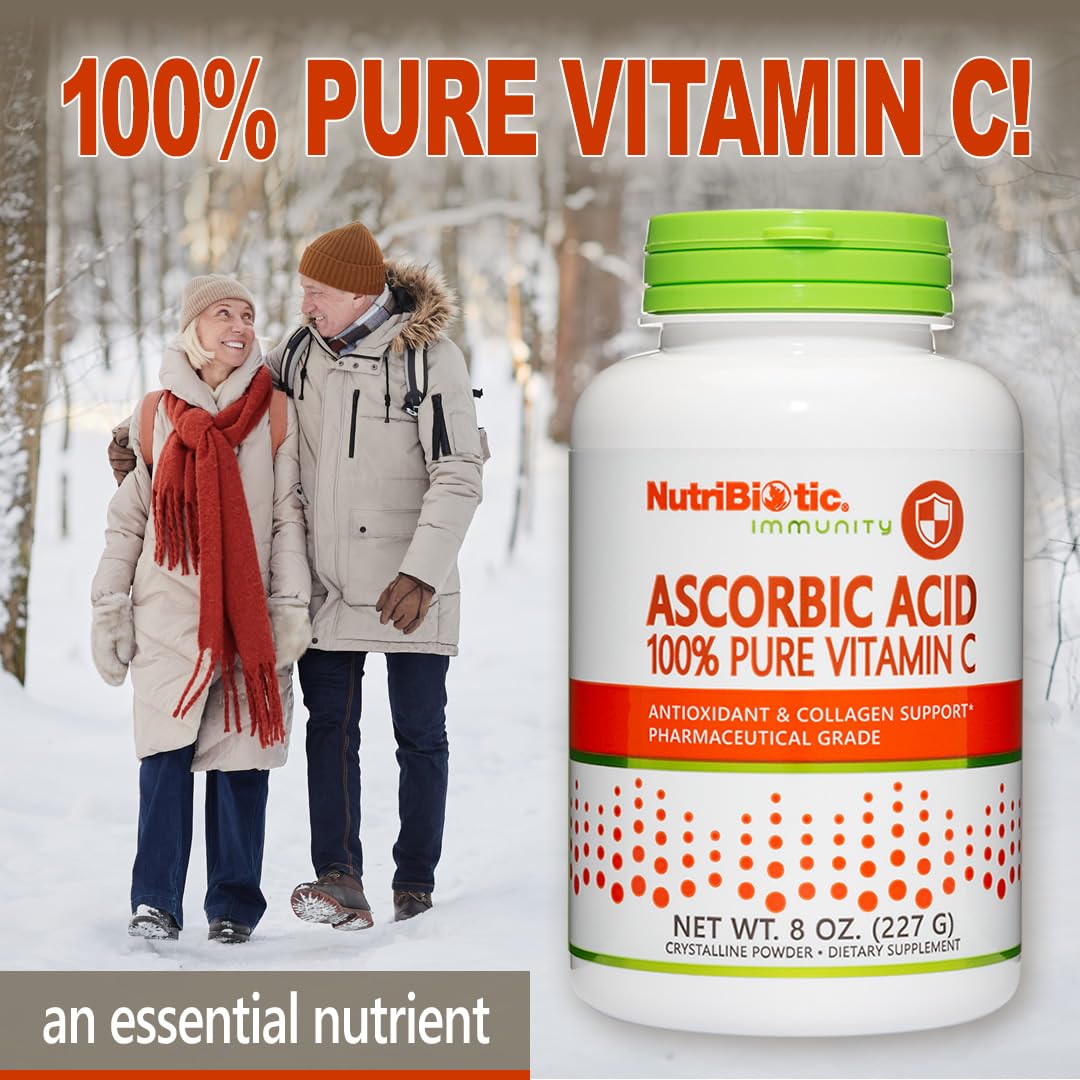 NutriBiotic Ascorbic Acid Vitamin C Powder 100% Pure in 8 oz container for antioxidant support