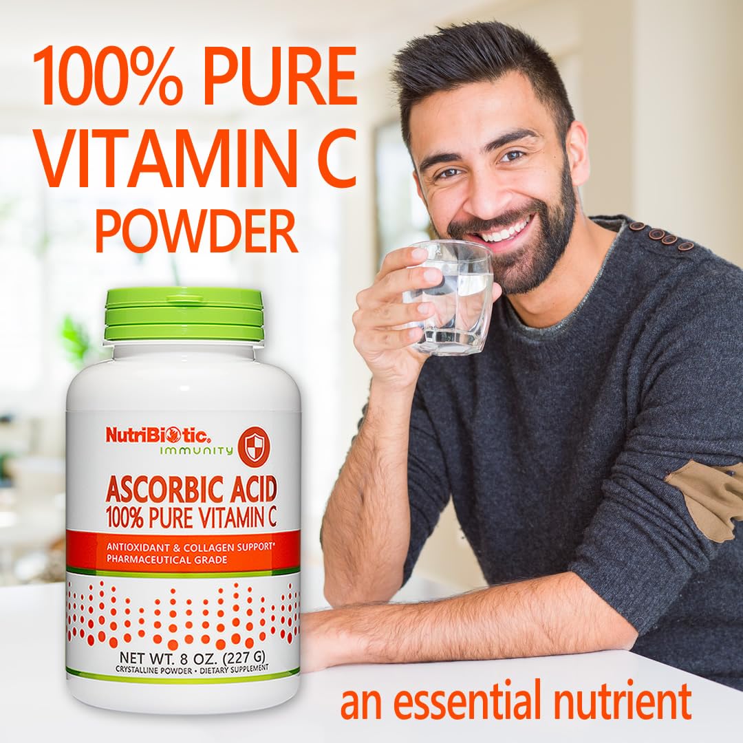NutriBiotic Ascorbic Acid 100% Pure Vitamin C Powder in a container with a smiling man holding a glass of water