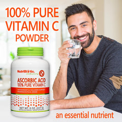 NutriBiotic Ascorbic Acid 100% Pure Vitamin C Powder in a container with a smiling man holding a glass of water