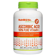 NutriBiotic Ascorbic Acid Vitamin C powder bottle, green cap, white label with “Ascorbic Acid”.