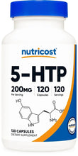 Nutricost 5-HTP 200 mg capsule bottle with blue cap, 120 capsules on label