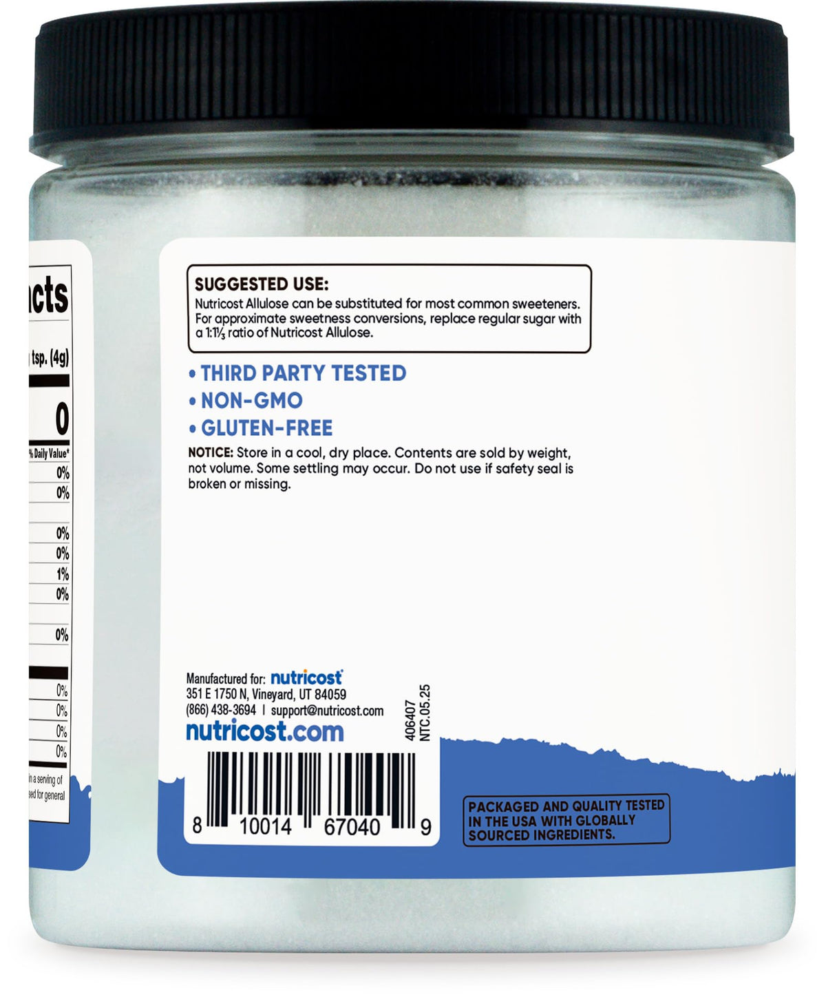 Nutricost jar of allulose sweetener 1 lb. white powdered sugar substitute in plastic container with black lid