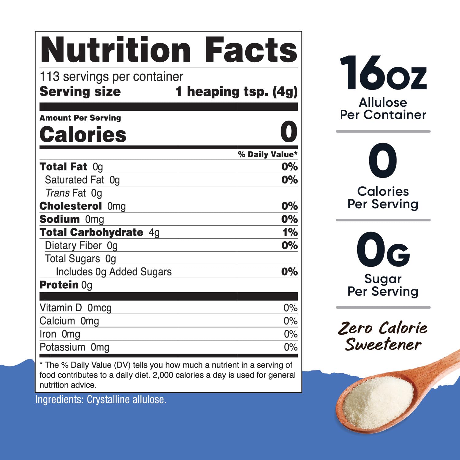 Nutricost nutrition facts label and spoon of powder for allulose sweetener 1 lb. zero calorie sugar substitute