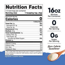 Allulose nutrition facts label: 16 oz per container, 0 calories and 0g sugar