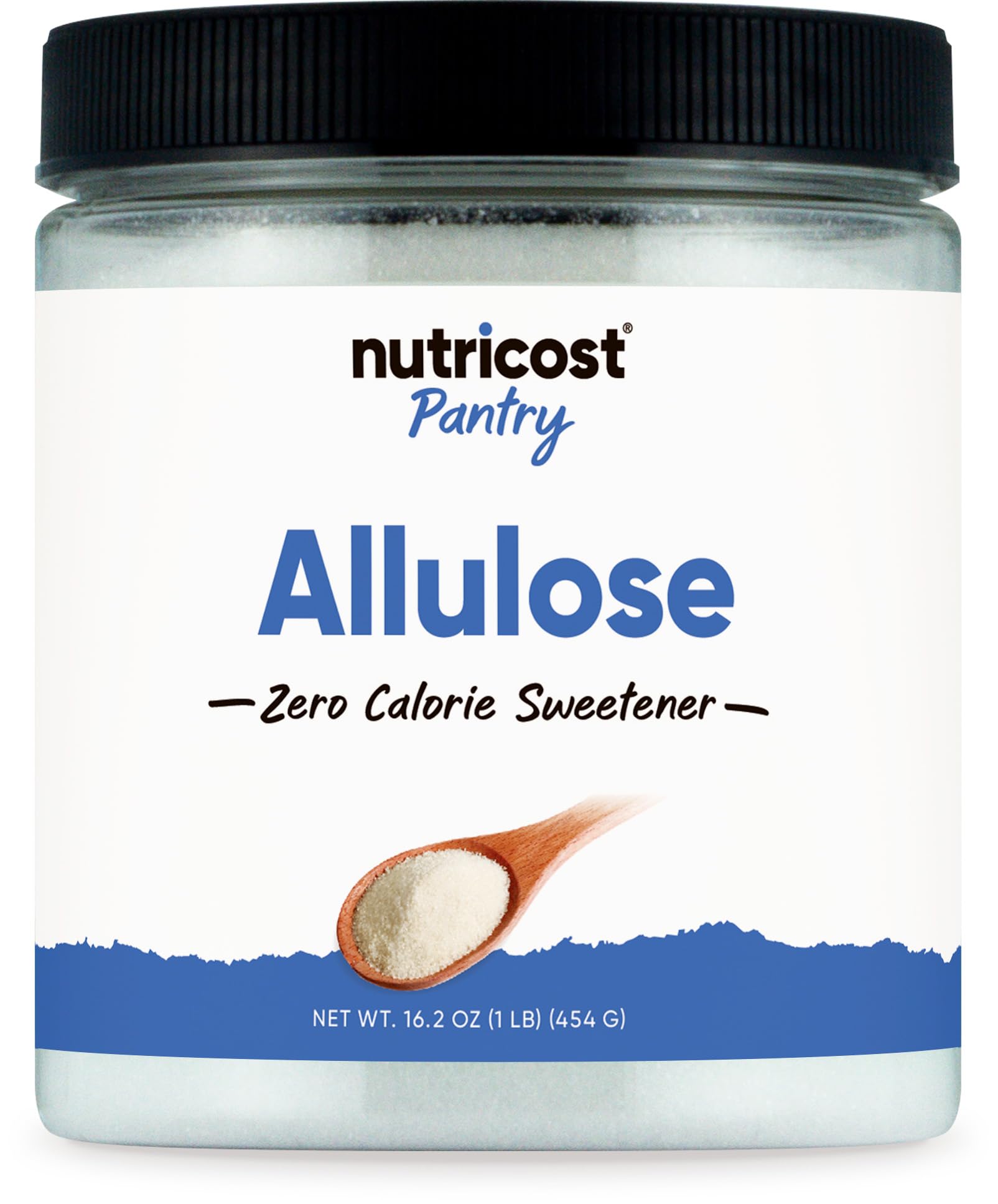 Nutricost Pantry jar of allulose sweetener 1 lb. white granulated zero calorie sweetener with wooden spoon