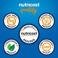 Nutricost quality assurance badges: non-GMO, gluten-free, vegetarian, GMP facility
