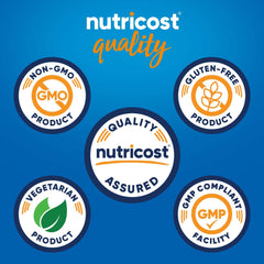 Nutricost quality badges showing non GMO gluten free vegetarian GMP and quality assured for allulose sweetener 1 lb.