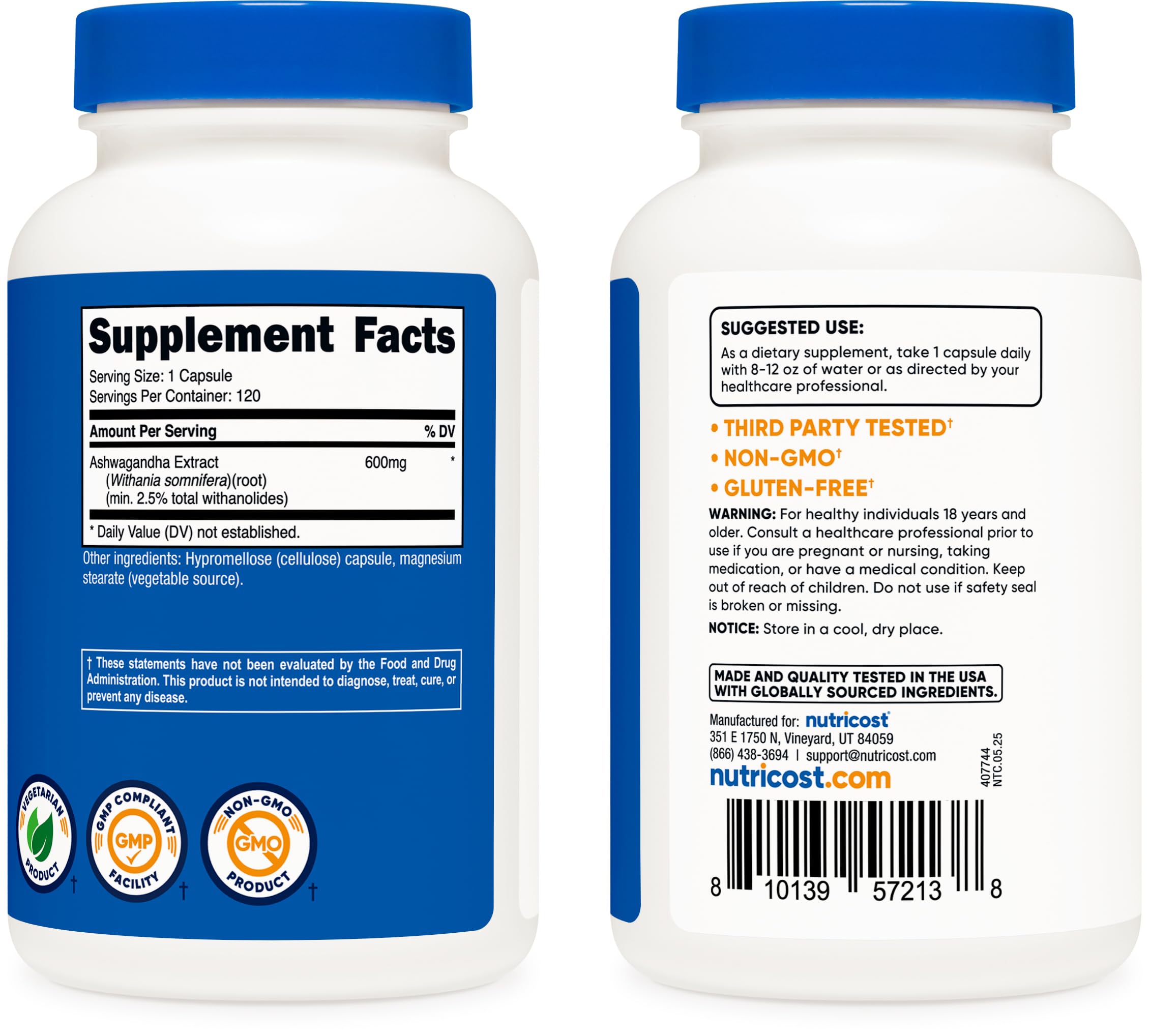 Nutricost ashwagandha supplement 600mg white bottles with blue caps showing supplement facts and label 120 capsules