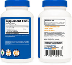 Nutricost ashwagandha supplement 600mg white bottles with blue caps showing supplement facts and label 120 capsules