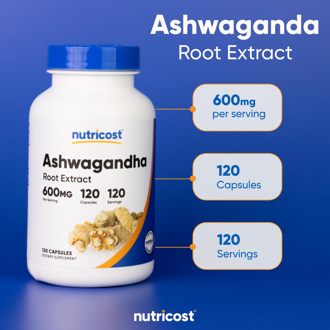 Nutricost ashwagandha supplement 600mg bottle with 120 capsules root extract 120 servings white blue label