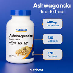 Nutricost ashwagandha supplement 600mg bottle with 120 capsules root extract 120 servings white blue label