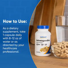 Nutricost ashwagandha supplement 600mg bottle on counter with capsules in glass bowl and water glass