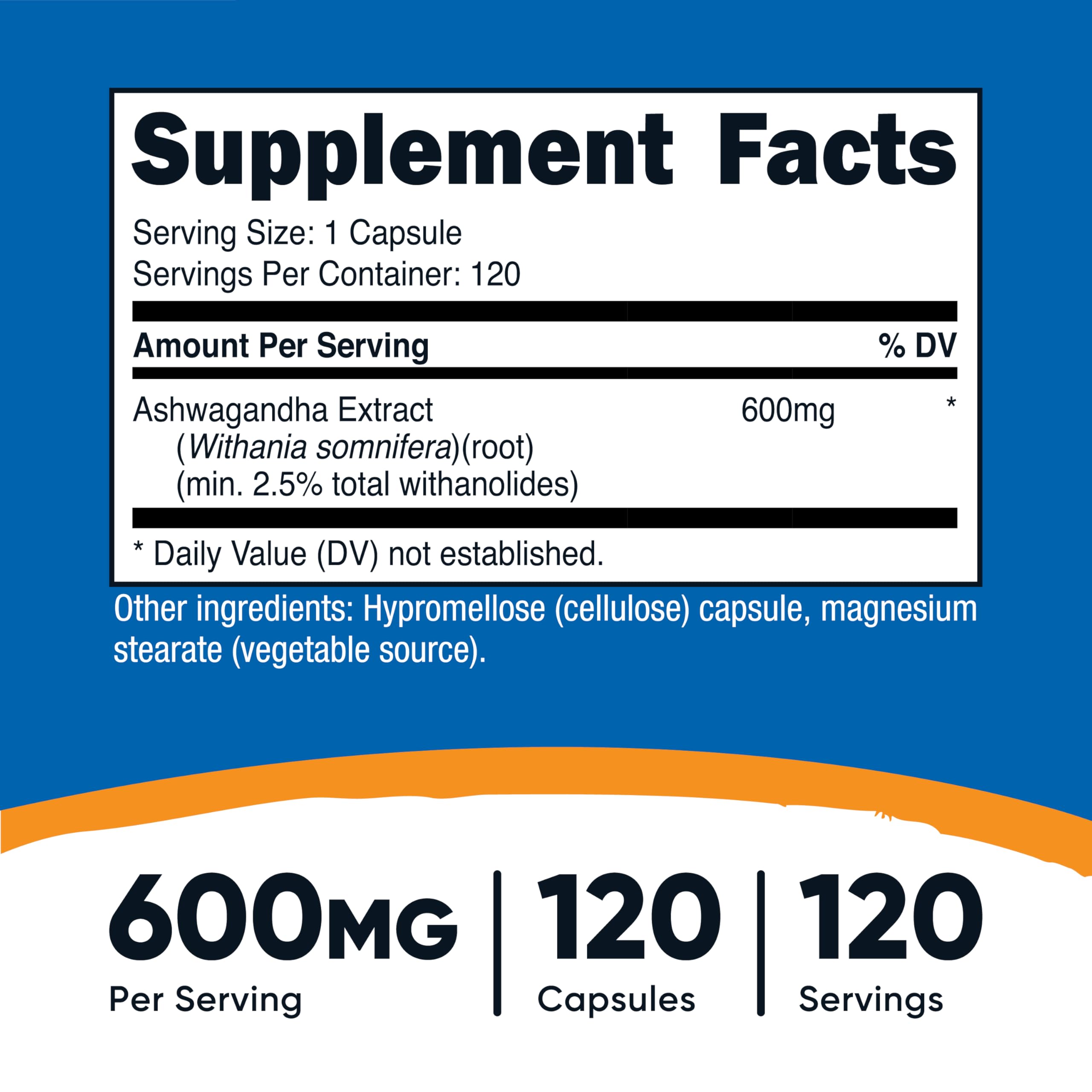 Nutricost supplement facts label showing ashwagandha supplement 600mg per serving with 120 capsules and 120 servings