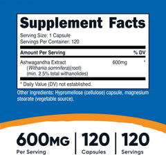 Nutricost supplement facts label showing ashwagandha supplement 600mg per serving with 120 capsules and 120 servings