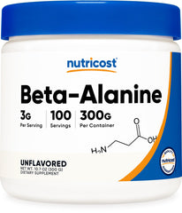 Nutricost jar of beta alanine powder supplement unflavored 300g white tub with blue lid label showing 3g per serving