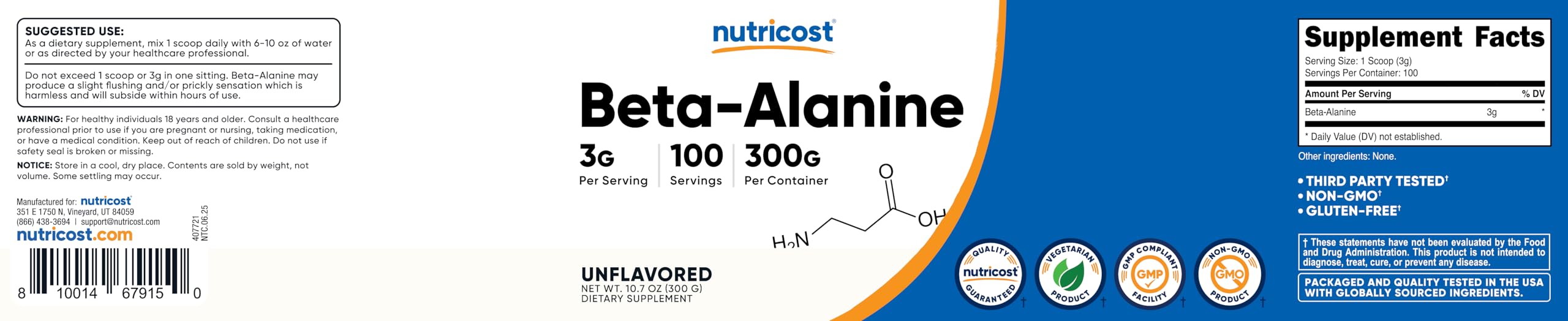 Nutricost beta alanine powder supplement 300g container unflavored label 3g per serving 100 servings