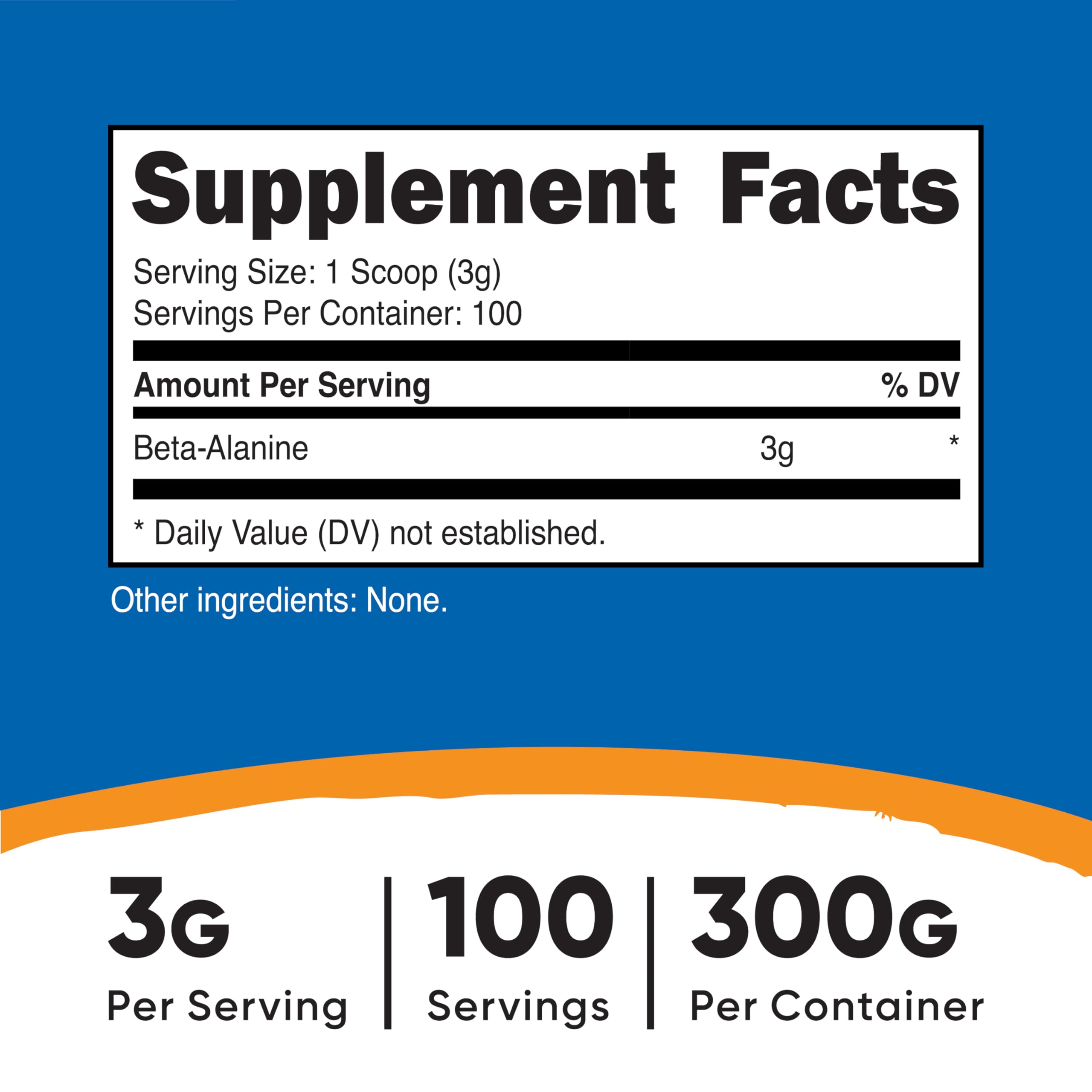 Nutricost beta alanine powder supplement label showing Supplement Facts 3g per serving 100 servings 300g total