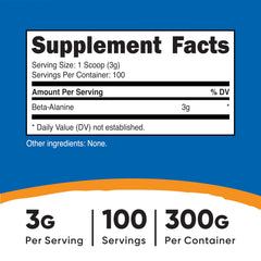 Nutricost beta alanine powder supplement label showing Supplement Facts 3g per serving 100 servings 300g total
