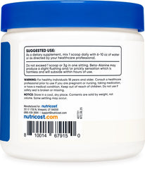 Nutricost beta alanine powder supplement white jar with blue lid showing back label suggested use warnings and barcode