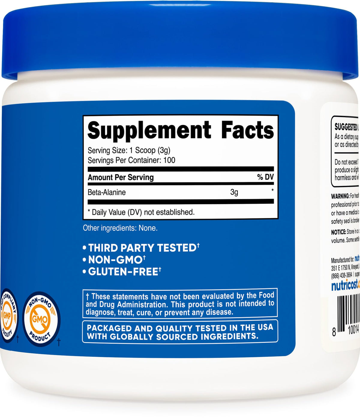Nutricost beta alanine powder supplement white jar with blue lid showing Supplement Facts label and 100 servings