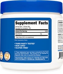 Nutricost beta alanine powder supplement white jar with blue lid showing Supplement Facts label and 100 servings