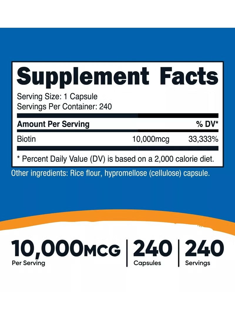 Nutricost Biotin 10000 mcg capsules Supplement Facts with 240 servings listed
