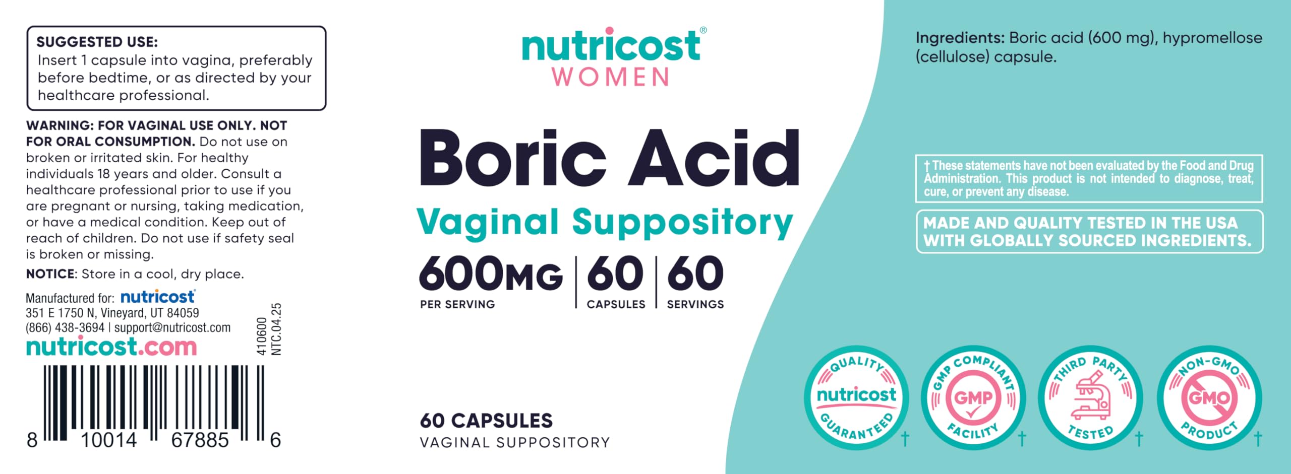 Nutricost Boric Acid Vaginal Suppositories 600mg in a pack of 60 capsules for women's health