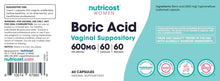 Boric acid vaginal suppository bottle with ingredients and directions panel